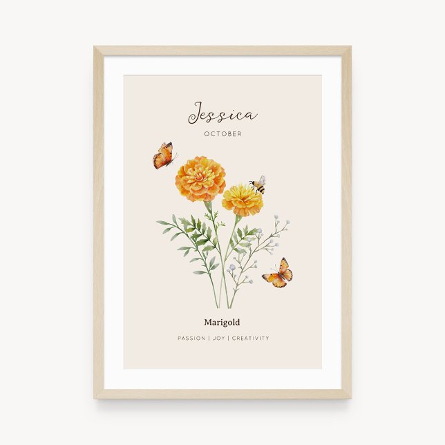 Póster de la flor de nacimiento Marigold (Example of marigold birth flower poster once framed. )
