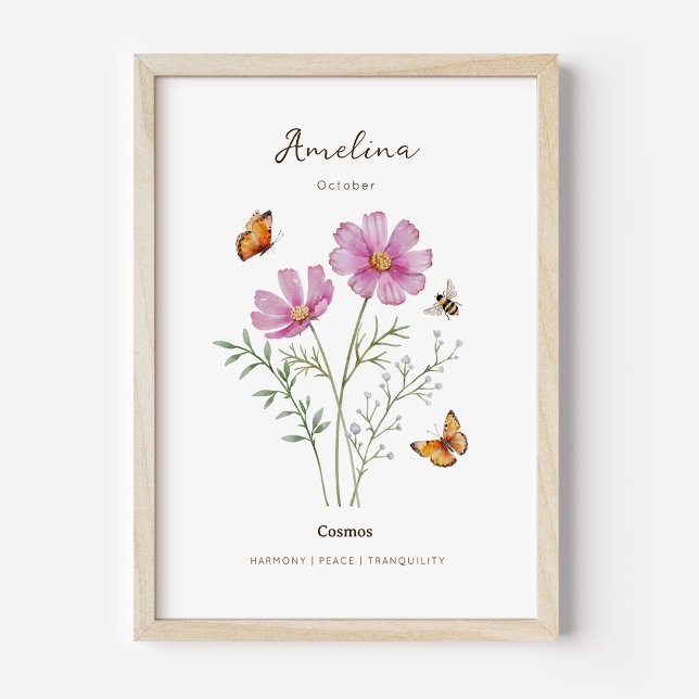 Póster de la flor del mes de nacimiento Cosmos (Example of cosmos birth flower poster once framed. )
