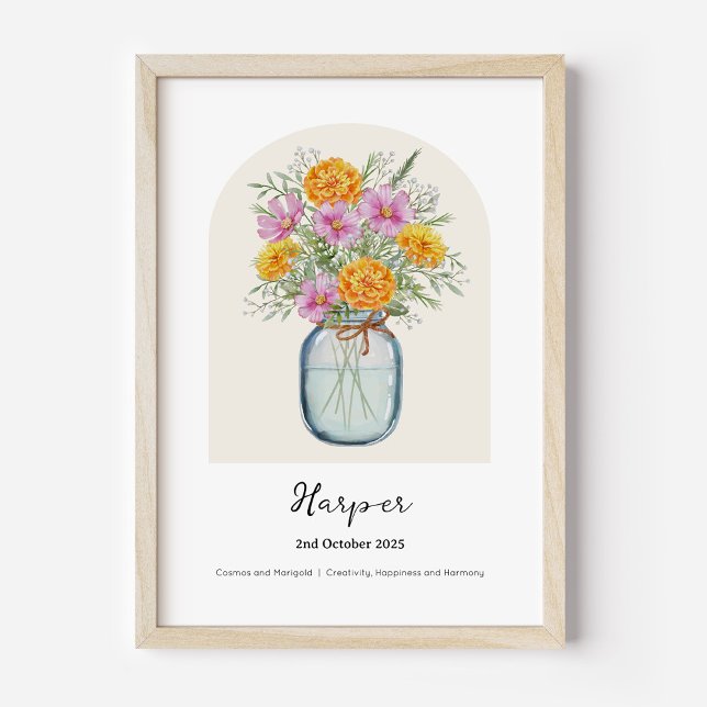 Póster de la flor del mes de nacimiento de Cosmos  (Personalised October Birth Month Flower Bouquet in Vase Poster | Cosmos and Marigold.)