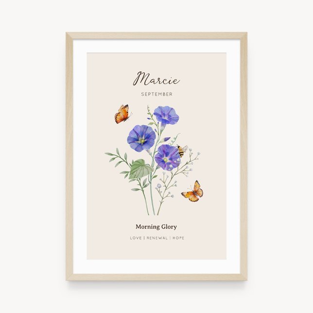 Póster de la Flor del Mes de Nacimiento de Gloria  (Example of morning glory birth flower poster once framed. )