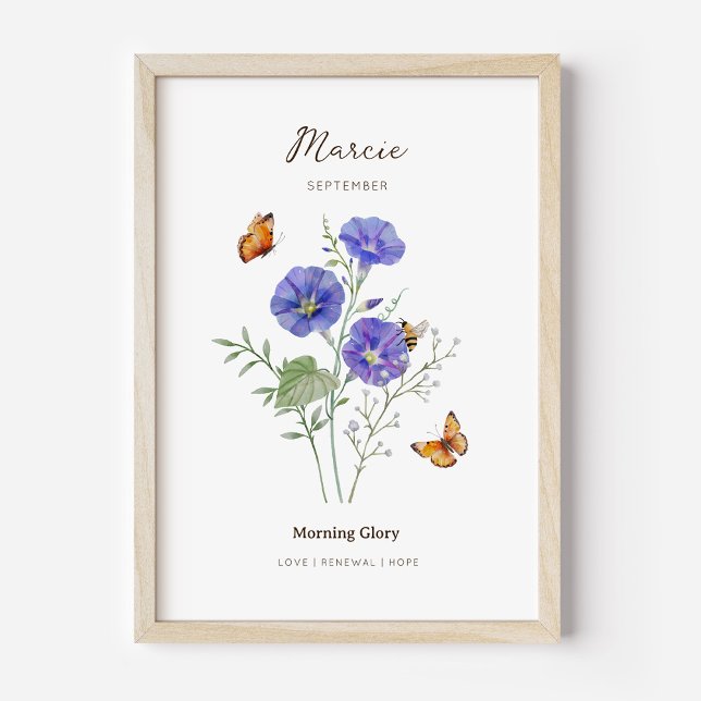 Póster de la Flor del Mes de Nacimiento de Gloria  (Example of morning glory birth flower poster once framed. )