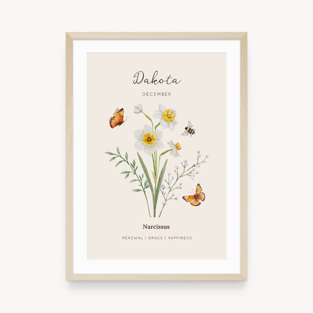 Póster de la flor del mes de nacimiento de Narciso (Example of narcissus birth flower poster once framed. )