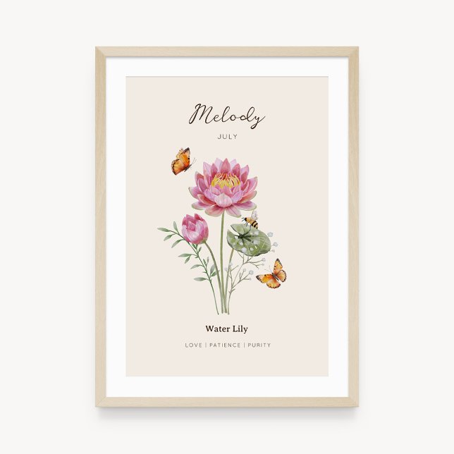 Póster de la flor del mes de nacimiento del lirio  (Example of water lily birth flower poster once framed. )