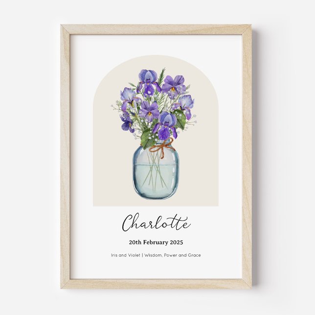 Póster de la flor del mes de nacimiento Iris Viole (Personalised February Birth Month Flower Bouquet in Vase Poster | Iris and Violet.)
