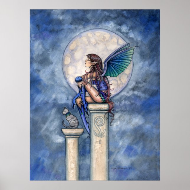 Póster de la hada de la luna índigo y gato (Frente)