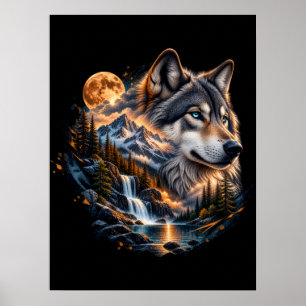 Póster de la naturaleza del lobo majestuoso bajo l