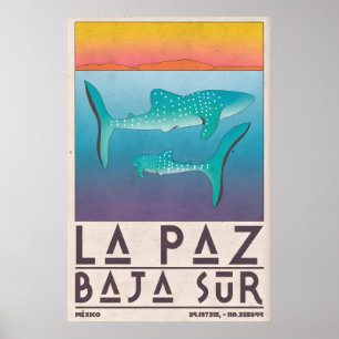 Póster de La Paz México, tiburones ballena, azul e