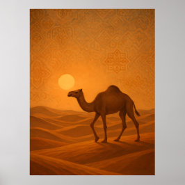 Póster de la puesta de sol del camello en el desie