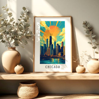 Póster de la silueta de Chicago al atardecer
