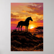 Póster de la silueta del caballo majestuoso al ata