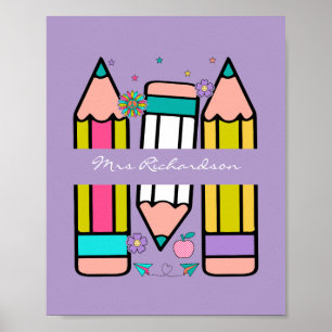 Póster de lápiz de dibujos animados de profesor de