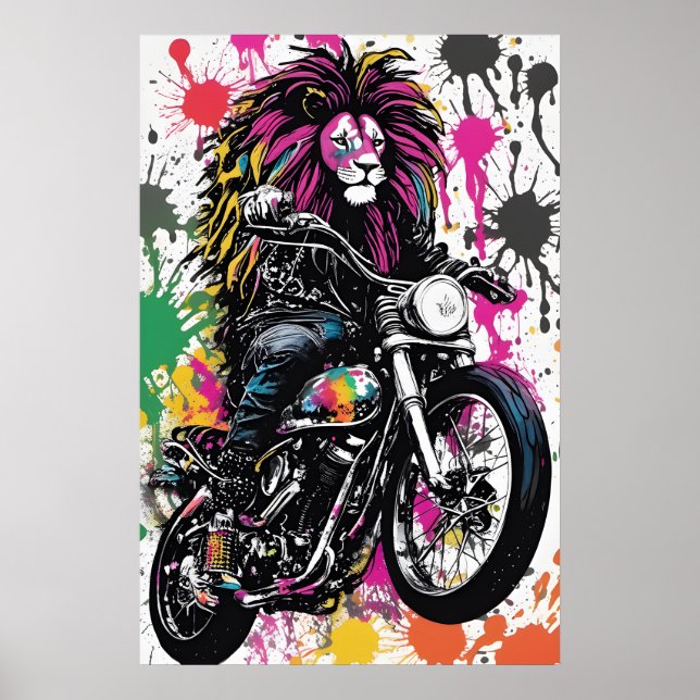 Póster de león gótico motorista - Regalo de decora (Frente)