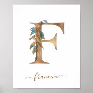 Póster de letra F dorada floral con acuarela monog