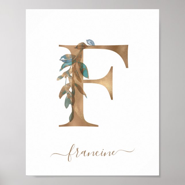 Póster de letra F dorada floral con acuarela monog (Frente)