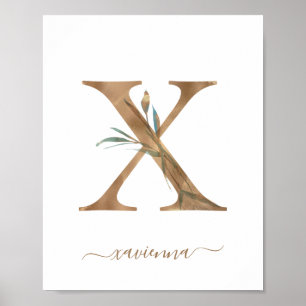 Póster de letra X dorada floral acuarela monograma