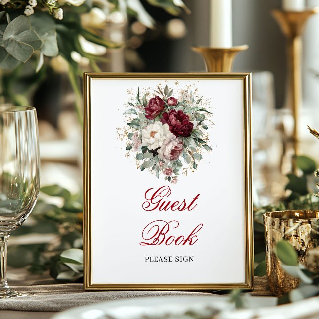 Póster de Libro de Invitados Borgoña Rubor Boho (Bohemian Blush Burgundy Guest Book Poster)