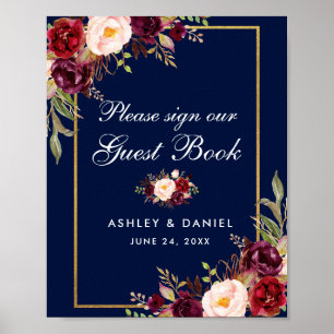 Póster de libro de invitados de boda azul borgoña