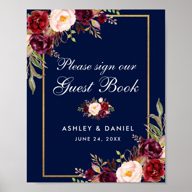 Póster de libro de invitados de boda azul borgoña  (Frente)