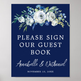 Póster de libro de invitados de boda floral azul m