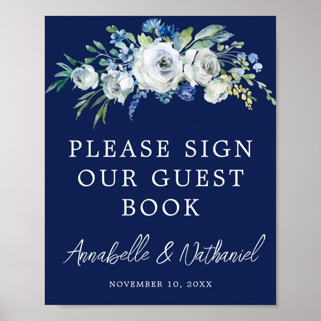Póster de libro de invitados de boda floral azul m (Frente)