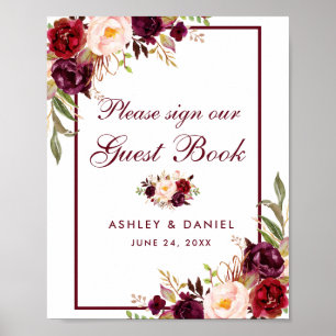 Póster de libro de invitados de boda floral de Bor