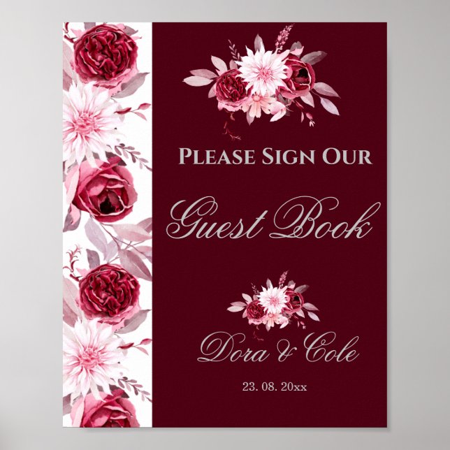 Póster de Libro de Invitados de Boda Floral Rosa B (Frente)