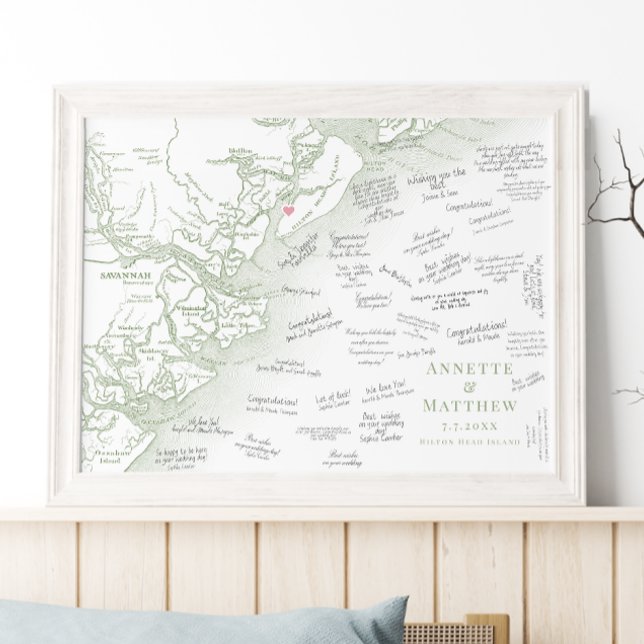 Póster de Libro de Invitados Elegante de Bodas en  (Hilton Head Map wedding guest book poster in Elegant Sage Green by Coastal Map Designs)