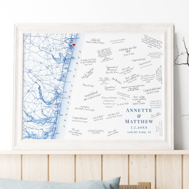 Póster de libro de invitados elegante para boda en (Asbury Park Map Wedding Guest Book Poster in elegant navy blue by Coastal Map Designs)