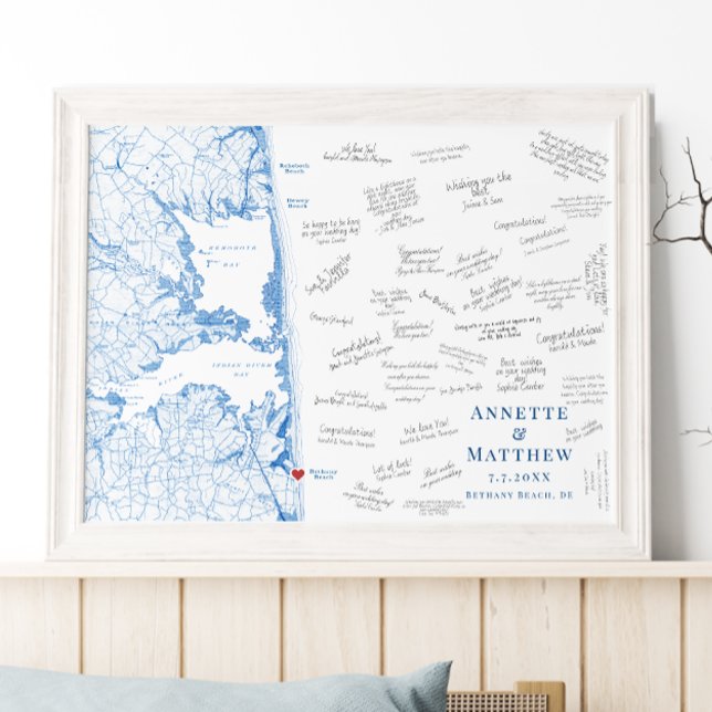 Póster de libro de invitados elegante para boda en (Bethany Beach Map Poster Alternative Wedding Guest book in elegant navy blue by Coastal Map Designs)