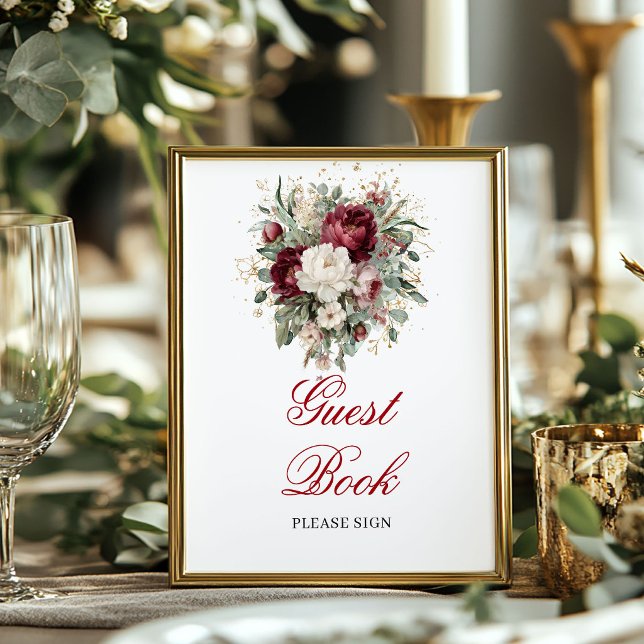 Póster de Libro de Invitados Floral Borgoña Rubor  (Vintage Blush Burgundy Floral Guest Book Poster)