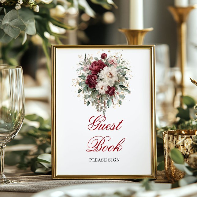 Póster de libro de visitas Glam Blush Burgundy (Glam Blush Burgundy Guest Book Poster Sign)