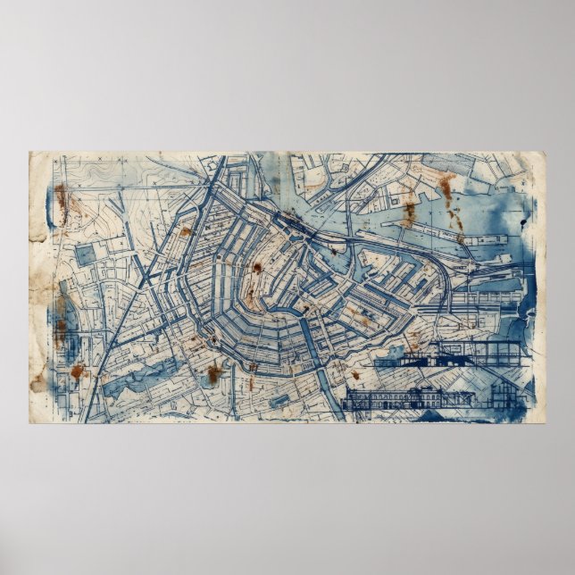 Póster de líneas de mapa abstracto azul ancho (Frente)