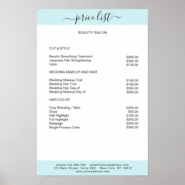 Póster de lista de precios azul blanco simple (Frente)