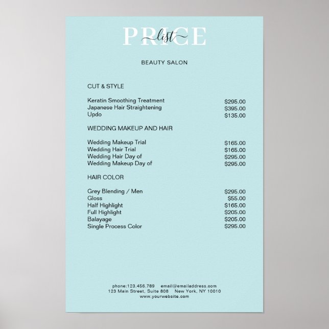 Póster de lista de precios azul simple (Frente)