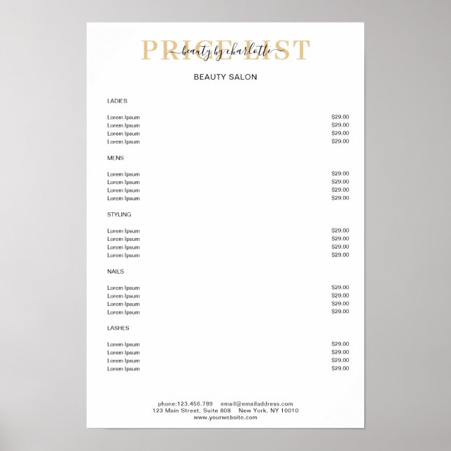 Póster de lista de precios blanco moderno (Frente)