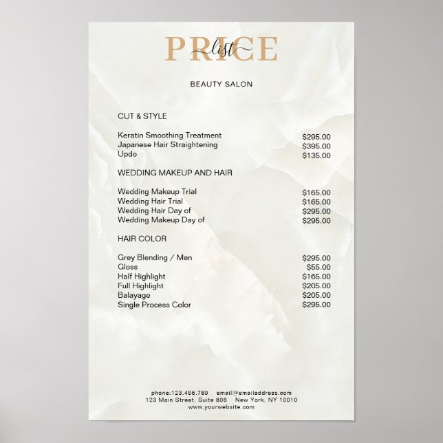 Póster de lista de precios de mármol elegante (Frente)