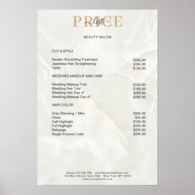 Póster de lista de precios de mármol elegante (Frente)
