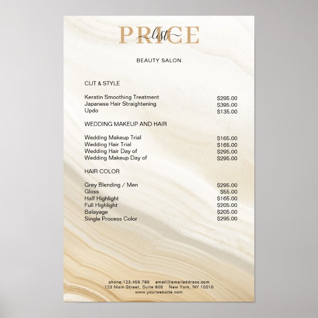 Póster de lista de precios de mármol elegante (Frente)
