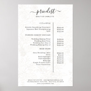 Póster de lista de precios de patrón floral