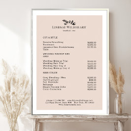 Póster de lista de precios de salón botánico beige