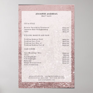 Póster de lista de precios de salón de brillo rose