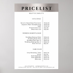 Póster de lista de precios de salón de plata simpl
