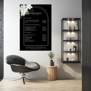 Póster de lista de precios de salón negro con flor