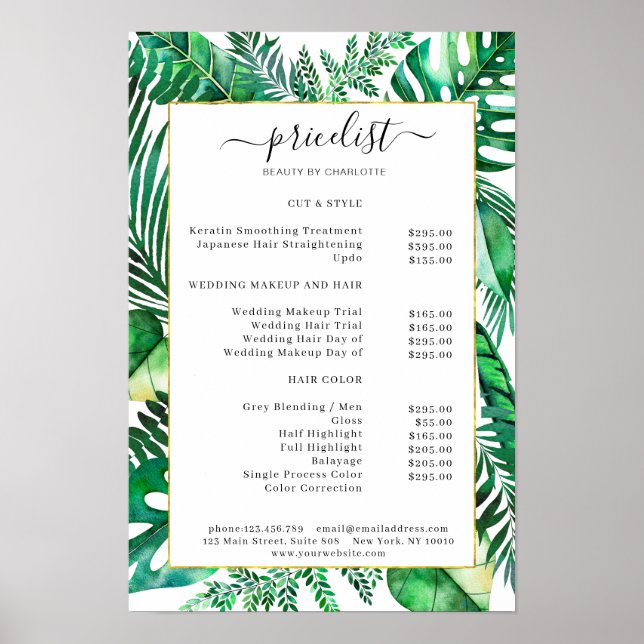 Póster de lista de precios de salón tropical (Frente)