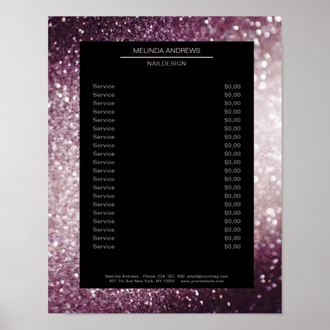 Póster de lista de precios elegante plateado púrpu (Frente)