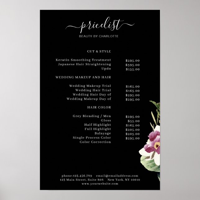 Póster de lista de precios floral (Frente)