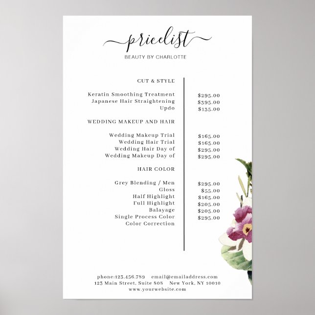 Póster de lista de precios floral (Frente)