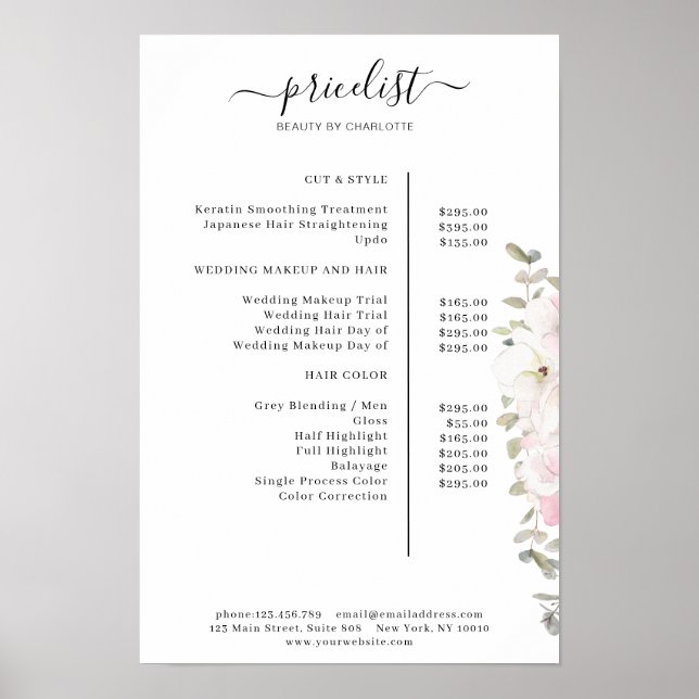 Póster de lista de precios floral moderno (Frente)