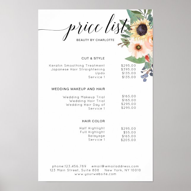 Póster de lista de precios floral moderno (Frente)