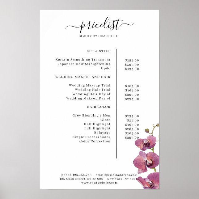 Póster de lista de precios floral moderno (Frente)